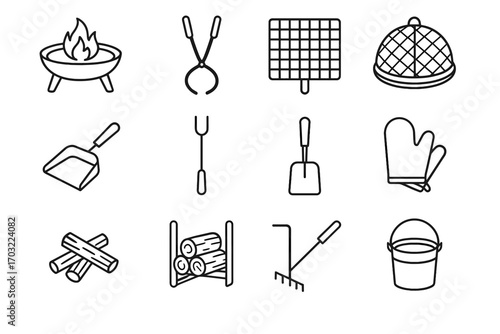 Rack collector ember roasting firewood fire outdoor vector icon pit ash log