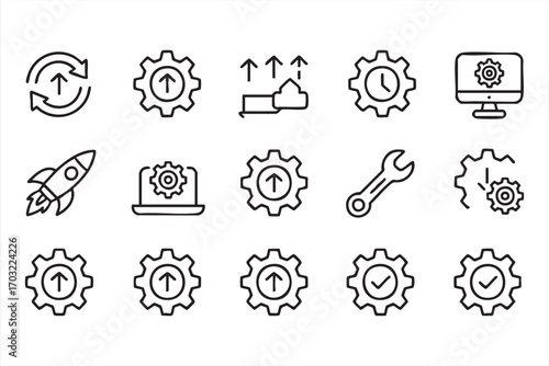 Settings and development icons vector set featuring repair management and optimization