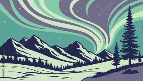 Majestic Aurora Borealis over Snowy Mountain Peaks and Evergreen Trees.