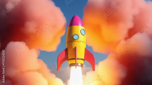Rocket Launching into Skies: A vibrant illustration of a rocket soaring skyward, leaving a trail of fire and smoke against a backdrop of fluffy clouds, representing progress and innovation.