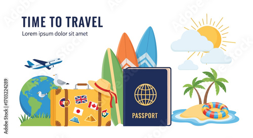 Exciting world of travel with surfboards, a passport, and sunny island getaway.