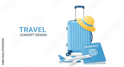 Ready for adventure: blue suitcase, passport, airplane, and hat signify exciting travel plans.
