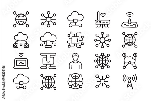 Vector communication illustration pack including globe data nodes and internet tools