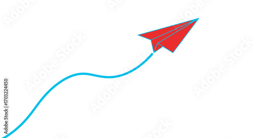 Red paper airplane soaring upward on a bright blue curved path, symbolizing dreams and aspirations.