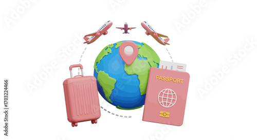 Planning a global adventure with passport, luggage, and airplanes circling the earth