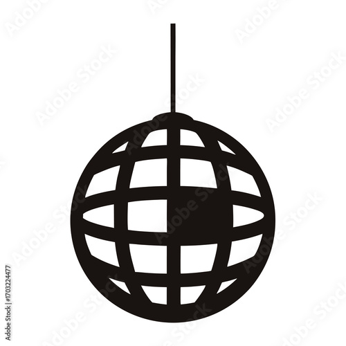 Black silhouette disco ball hanging from a single thread on white background