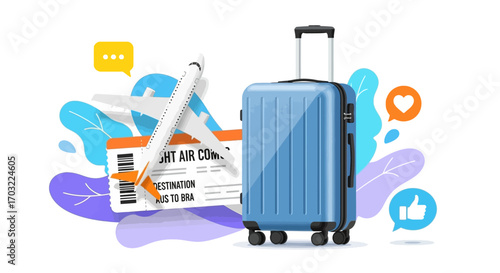 Exciting travel planning with a suitcase, airplane ticket, and social media icons, ready for adventure