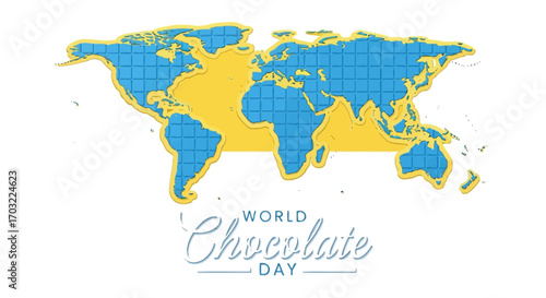 World map illustration celebrating global chocolate day with a sweet, festive design