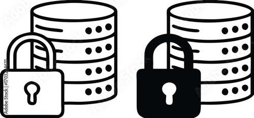 Data Protected Icons. Black and White Vector Illustration. Padlock and Database. Information Safely Stored, Safe from Unauthorized Access, Loss, or Disclosure. Password and Data Security Concept

