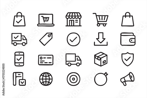 Online shopping icons vector pack featuring bag cart delivery and purchase graphics