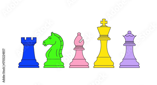 Colorful chess pieces lined up, representing strategy and game play