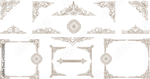 Vintage decorative frames and scrollwork corners with floral embellishments, classical borders, ornate dividers, elegant design elements for certificates and invitations