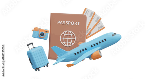 Embark on an exciting adventure with a passport, airplane, tickets, and luggage ready for travel.