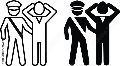 Arrest Icons. Black and White Vector Illustrations. Policeman Detains Offender. Temporary Restriction of Rights of an Individual. Justice Concept

