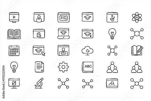 Education and learning icons vector set with book graduation cap and online course
