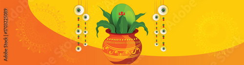 Navratri Festival Greeting Poster With Durga Arms, Couple Playing Garba and Dandiya in Navratri Celebration