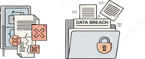 Data breach illustration showing broken files and locked folder representing cybersecurity issues and information leaks, highlighting vulnerability and risk.