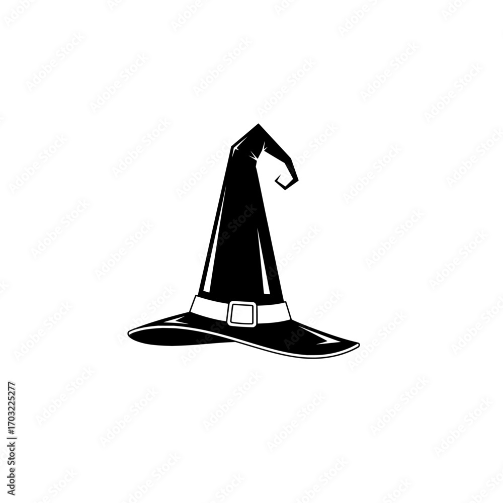 Fototapeta premium Witch hat illustration, black and white, minimalist flat vector Halloween icon