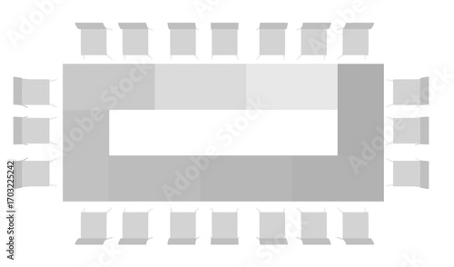 Meeting room floor plan with tables and chairs arranged in a square formation on a white background. The seating plan is clearly visible as a silhouette.