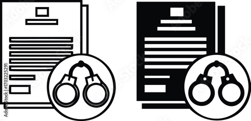 Court Warrant Icons. Black and White Vector Illustration. Legal Document and Handcuffs. Written Court Order to Arrest or Search a Suspect. Justice Concept

