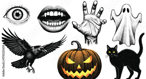 Halloween spooky elements set with ghost, jack-o'-lantern, black cat, crow, eye, hand, mouth in stippled vector style