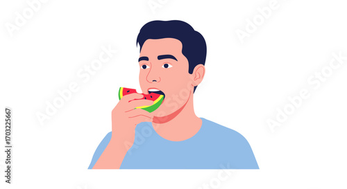 Young man enjoying a refreshing slice of watermelon.