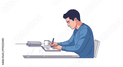 Young man sitting at a desk writing in a notebook.