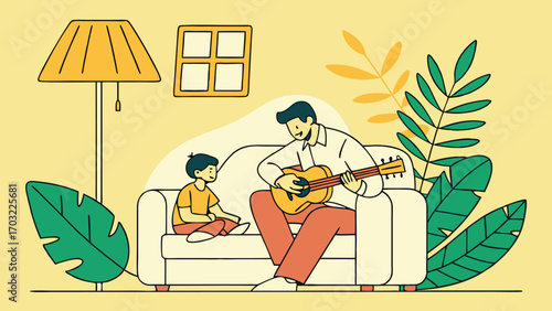 Father and son bonding over music at home.