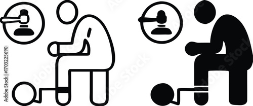 Guilty Icons. Black and White Vector Illustrations. Criminal in Handcuffs and Judge's Gavel. Man Who Committed a Crime. Justice Concept

