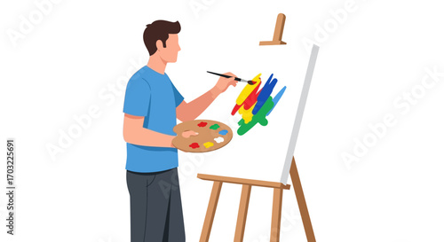 Artist painting on canvas with colorful paints.