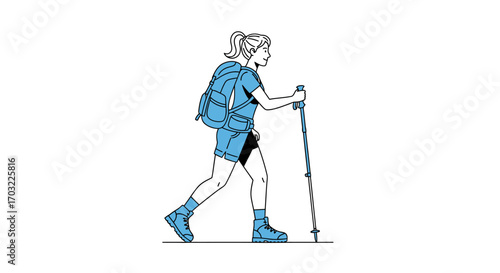 Woman Hiking with Backpack and Trekking Poles.