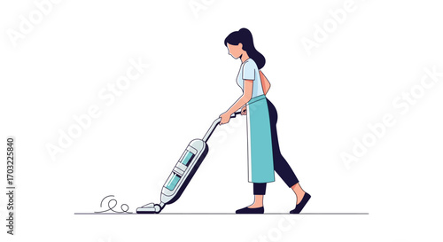 Woman Vacuuming Floor with Upright Vacuum Cleaner.
