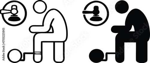 Guilty Icons. Black and White Vector Illustrations. Criminal in Handcuffs and Judge's Gavel. Man Who Committed a Crime. Justice Concept

