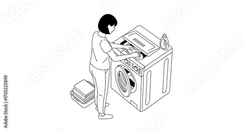 Woman loading washing machine with laundry.
