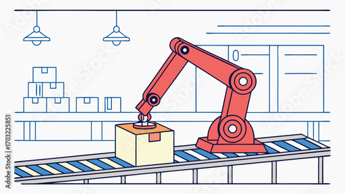 Automated robotic arm placing box on conveyor belt in factory.