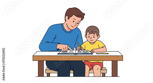 Father and Son Reading Together at Home.