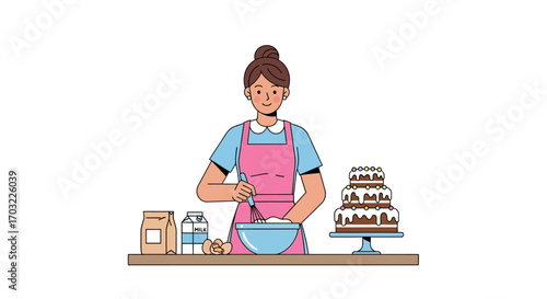 Woman Baking Delicious Cake in Kitchen.