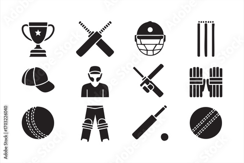 Sports cricket vector icons set featuring competition equipment and trophy symbols