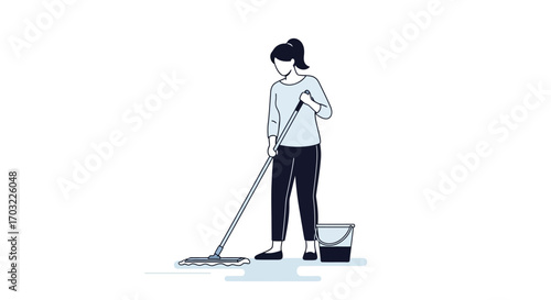 Woman cleaning floor with mop and bucket in the house.