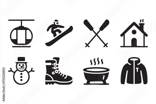 Winter holiday icons vector set with ski lift snowboard snowman and mountain lodge