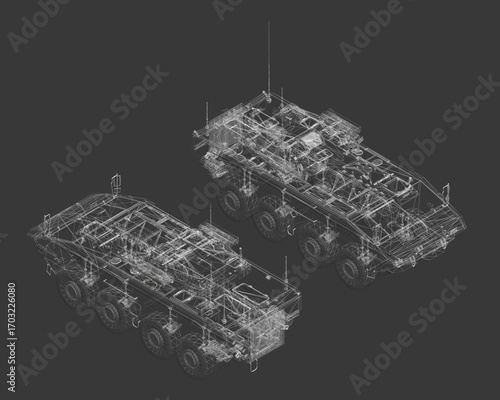 Military armored personnel carrier blueprint in detailed 3D wireframe model, featuring intricate lines and curves on a black background.