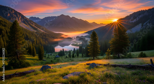 Golden sunbeams pierce through morning mist, illuminating a serene alpine valley with a tranquil lake, surrounded by towering peaks and lush evergreen forests