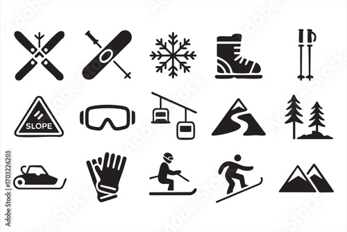 Ski and snowboard icons collection with snowmobile mountain and alpine adventure gear