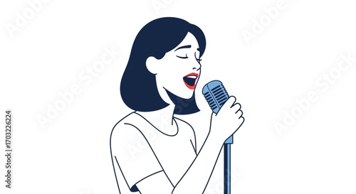 Woman Singing into Microphone.