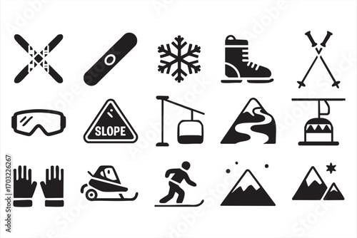 Winter sports icons vector set with skiing snowboarding snowflake and mountain symbols
