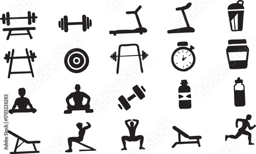 Fitness icons pack with exercise bench dumbbells barbell and athlete silhouette