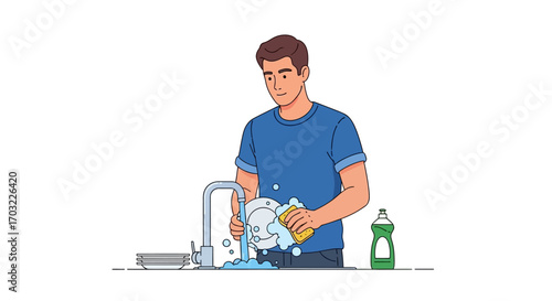 Man Washing Dishes with Soap and Water in Kitchen.