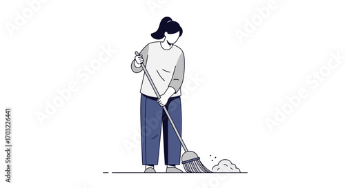 Woman Sweeping Floor with Broom - Cleaning and Housework Illustration.