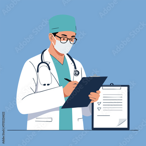 Male doctor in a white coat, face mask, and surgical cap, writing on a clipboard with a stethoscope around his neck.