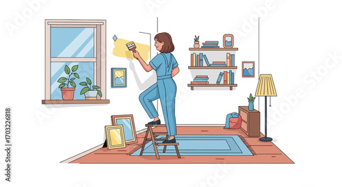 Woman painting wall in her living room.